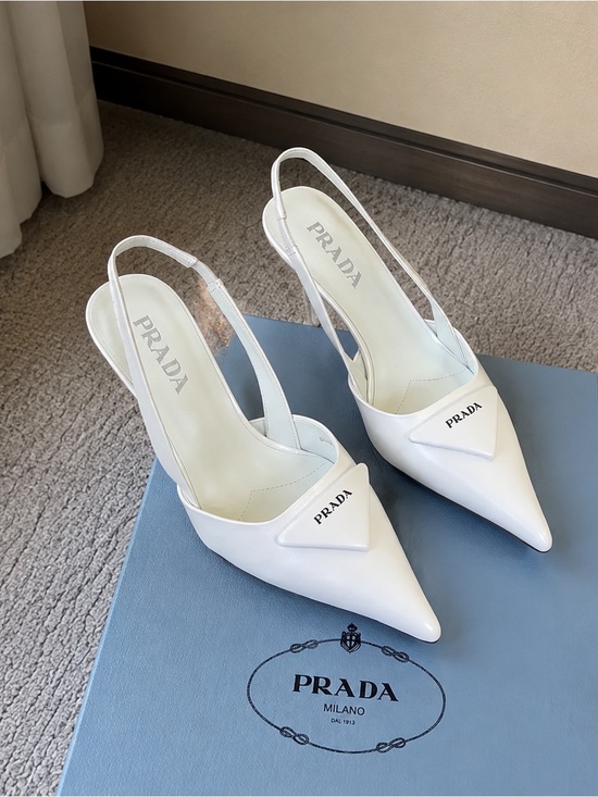 Prada Shoes - Prada White Pointed Leather Slingback Pumps with Logo Plaque